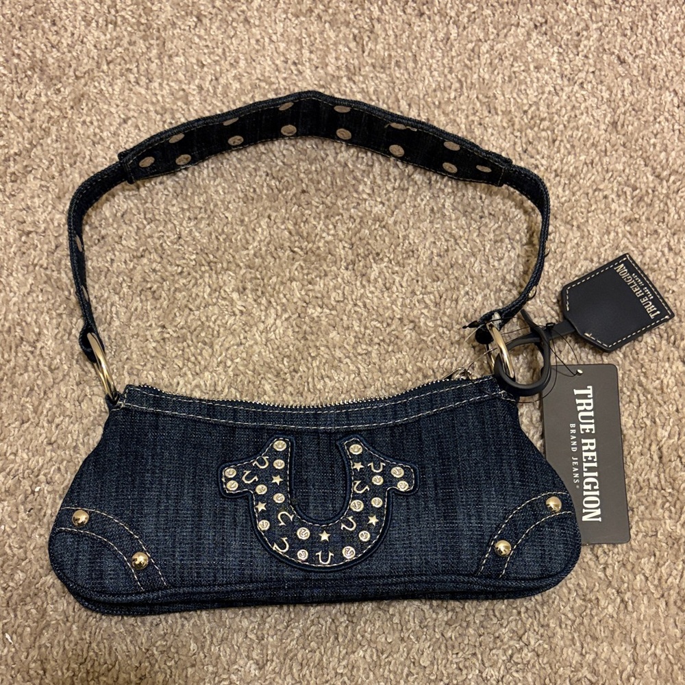 True Religion Dark Blue Denim Clutch with Gold Accents